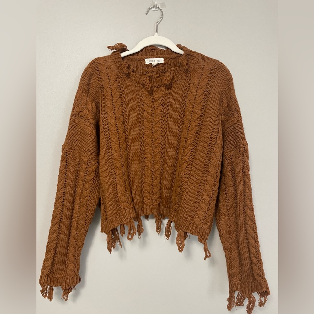 Brown Cropped Sweater With Tassels